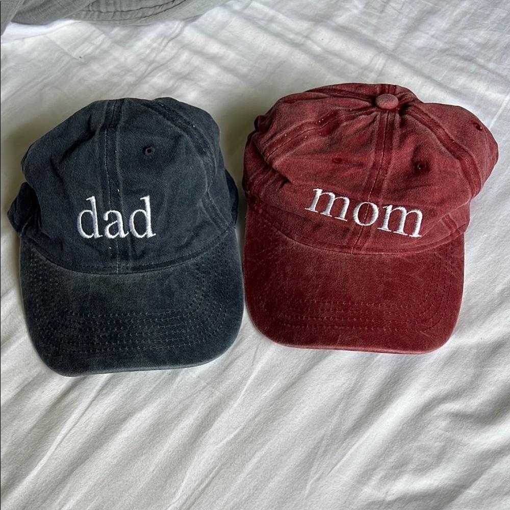Brand new 'Dad' and 'Mom' Embroidered Caps - navy and burgundy